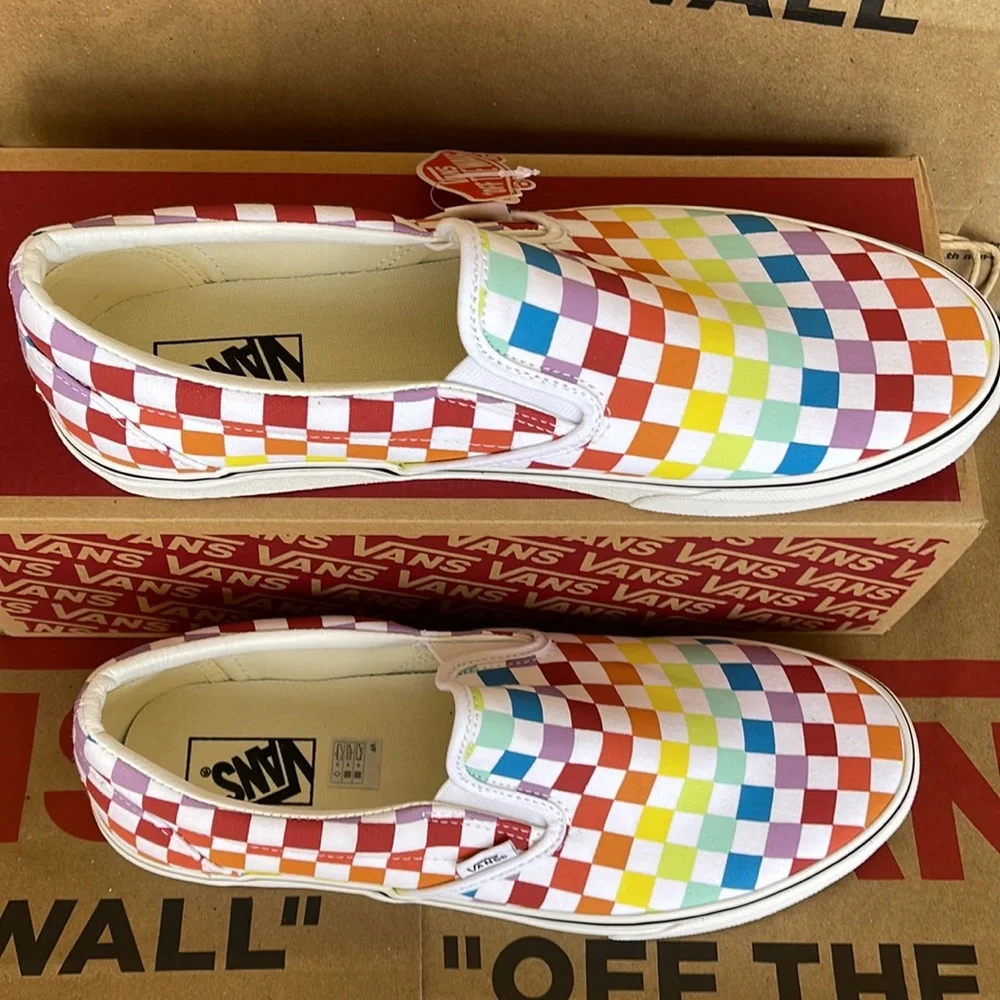 Vans Classic Slip On Checkerboard Rainbow/True White sneakers WMNS - Picture 4 of 16